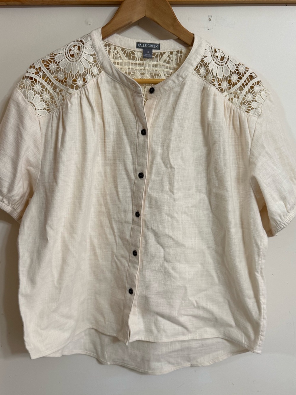 Falls Creek Cream Crochet-Shoulder Button Down Blouse